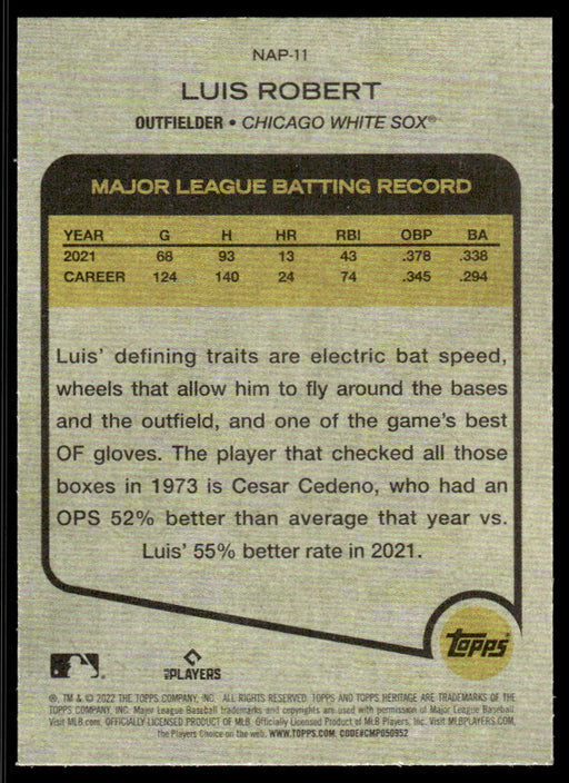 Luis Robert 2022 Topps Heritage New Age Performers Back of Card