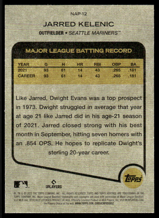 Jarred Kelenic 2022 Topps Heritage New Age Performers Back of Card