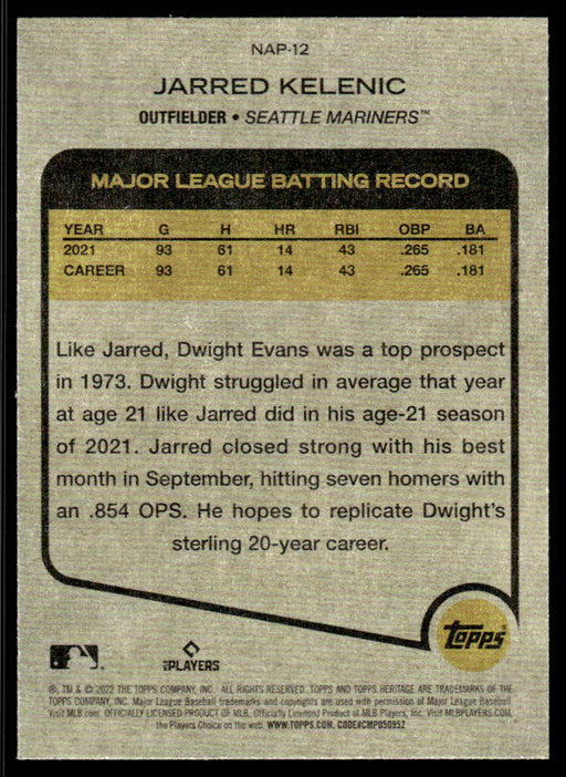 Jarred Kelenic 2022 Topps Heritage New Age Performers Back of Card