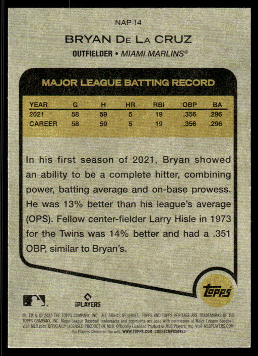 Bryan De La Cruz 2022 Topps Heritage New Age Performers Back of Card