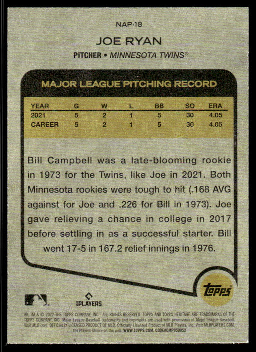 Joe Ryan 2022 Topps Heritage New Age Performers Back of Card
