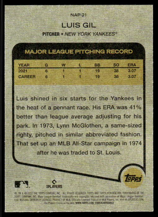 Luis Gil 2022 Topps Heritage New Age Performers Back of Card