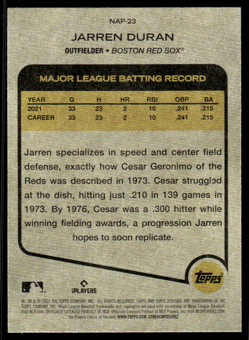 Jarren Duran 2022 Topps Heritage New Age Performers Back of Card