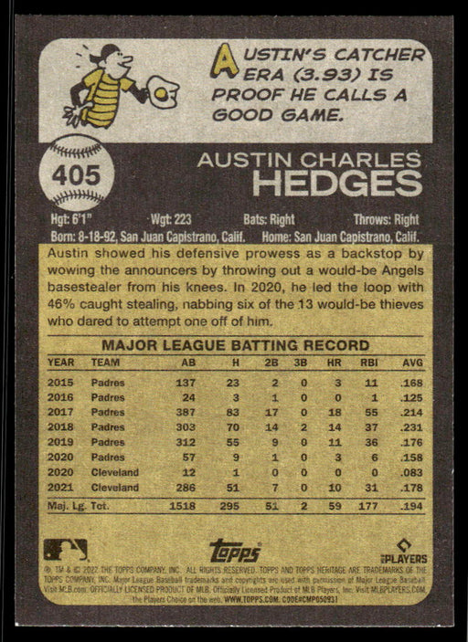 Austin Hedges 2022 Topps Heritage Short Print Back of Card
