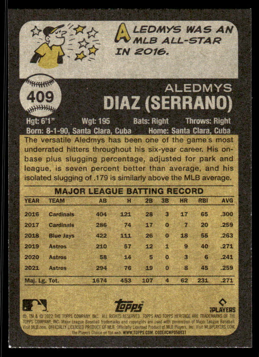 Aledmys Diaz 2022 Topps Heritage Short Print Back of Card