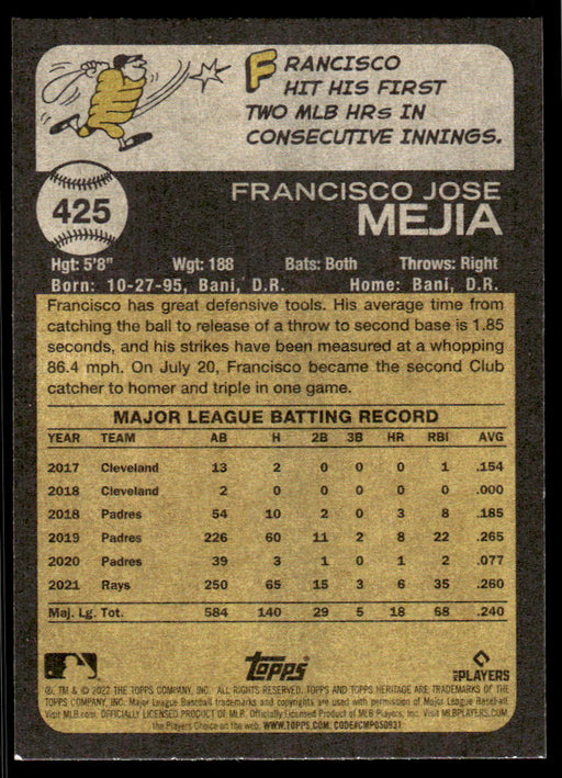 Francisco Mejia 2022 Topps Heritage Short Print Back of Card