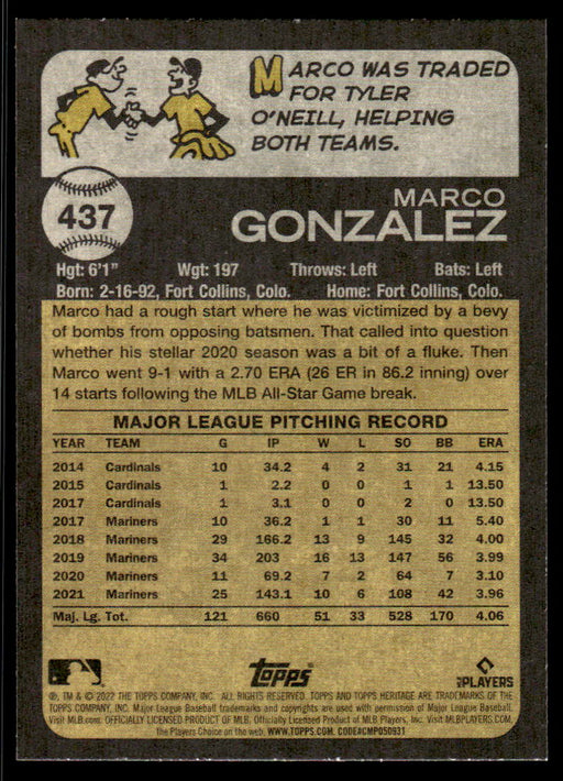 Marco Gonzalez 2022 Topps Heritage Short Print Back of Card