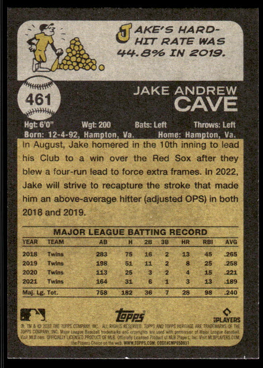 Jake Cave 2022 Topps Heritage Short Print Back of Card