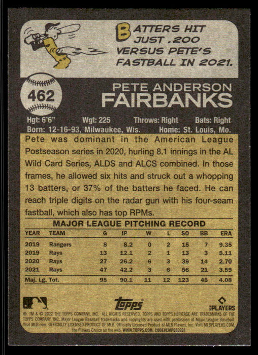 Pete Fairbanks 2022 Topps Heritage Short Print Back of Card