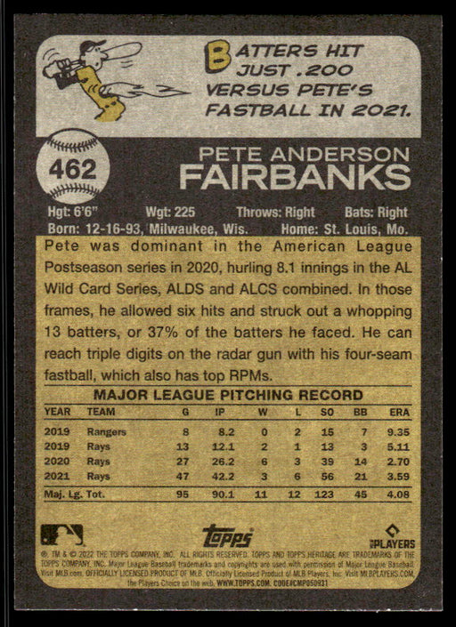 Pete Fairbanks 2022 Topps Heritage Short Print Back of Card