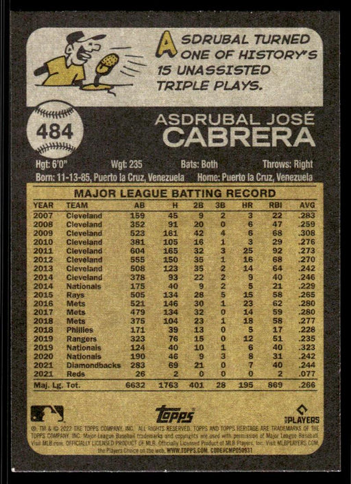 Asdrubal Cabrera 2022 Topps Heritage Short Print Back of Card