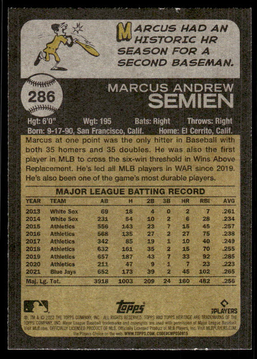 286 Marcus Semien - Texas Rangers - 2022 Topps Heritage Baseball