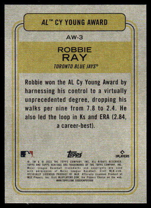 Robbie Ray 2022 Topps Heritage High Award Winners Back of Card
