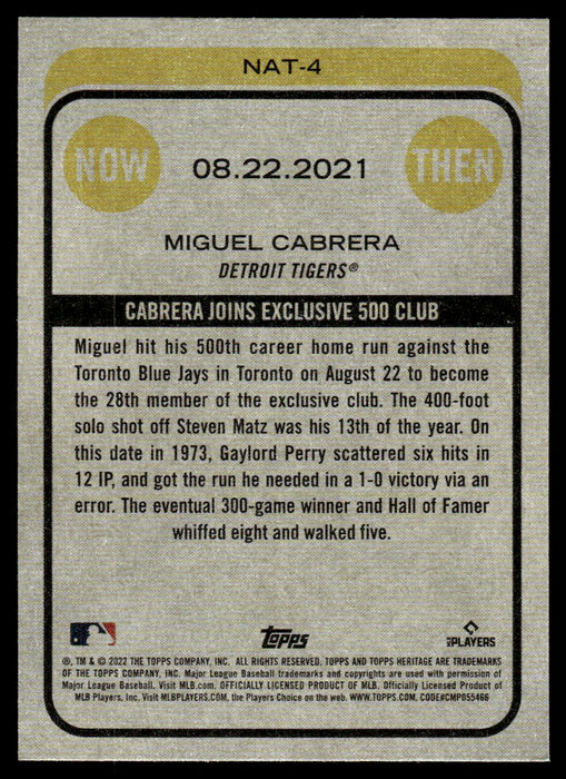 Miguel Cabrera 2022 Topps Heritage High Now and Then Back of Card