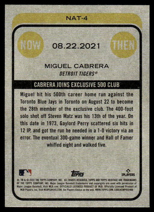 Miguel Cabrera 2022 Topps Heritage High Now and Then Back of Card