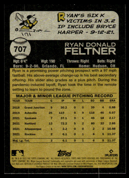Ryan Feltner 2022 Topps Heritage High Short Prints Back of Card