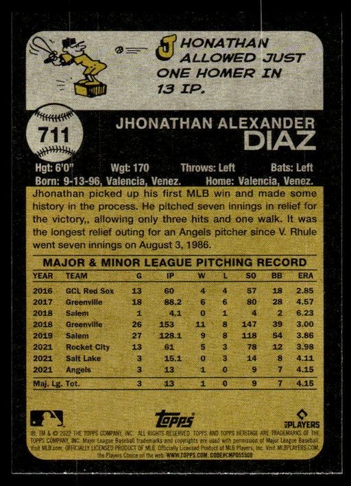 Jhonathan Diaz 2022 Topps Heritage High Short Prints Back of Card