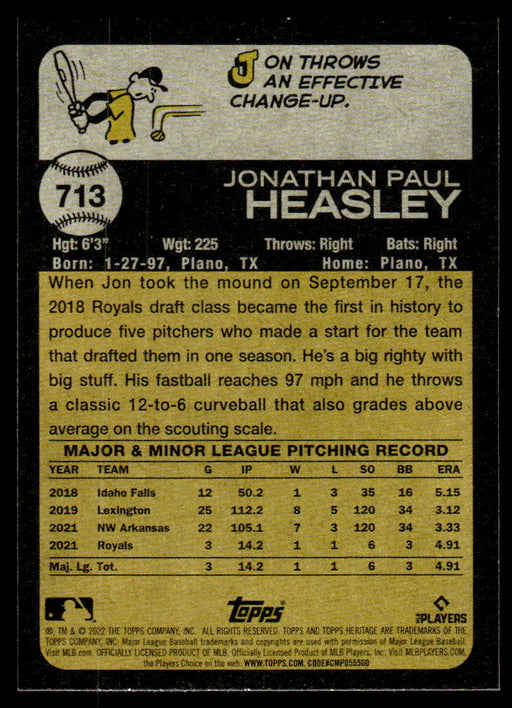 Jonathan Heasley 2022 Topps Heritage High Short Prints Back of Card
