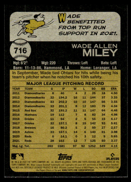 Wade Miley 2022 Topps Heritage High Short Prints Back of Card