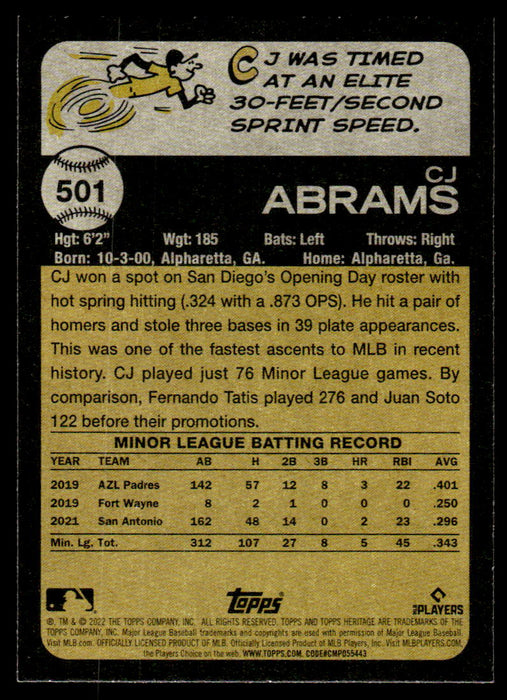 CJ Abrams 2022 Topps Heritage High Base Back of Card