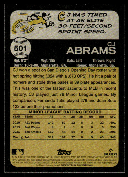 CJ Abrams 2022 Topps Heritage High Base Back of Card