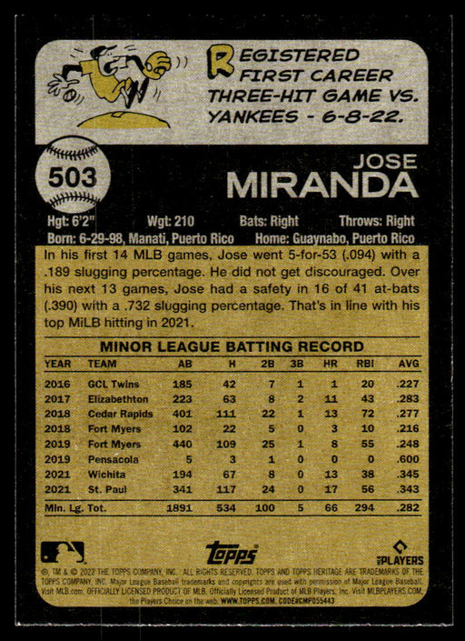 Jose Miranda 2022 Topps Heritage High Base Back of Card