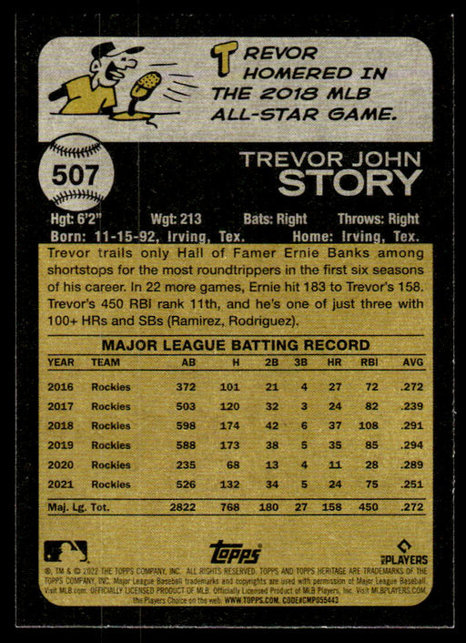 Trevor Story 2022 Topps Heritage High Base Back of Card
