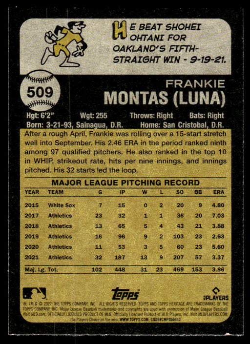 Frankie Montas 2022 Topps Heritage High Base Back of Card