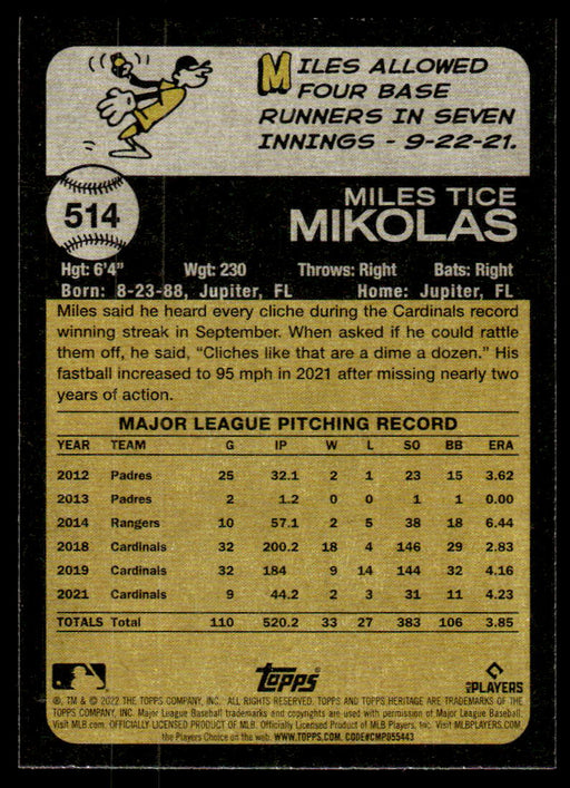 Miles Mikolas 2022 Topps Heritage High Base Back of Card