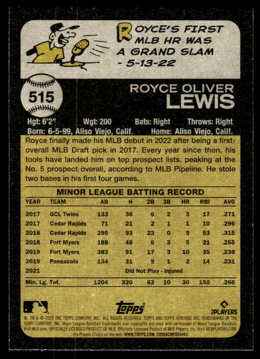 Royce Lewis 2022 Topps Heritage High Base Back of Card