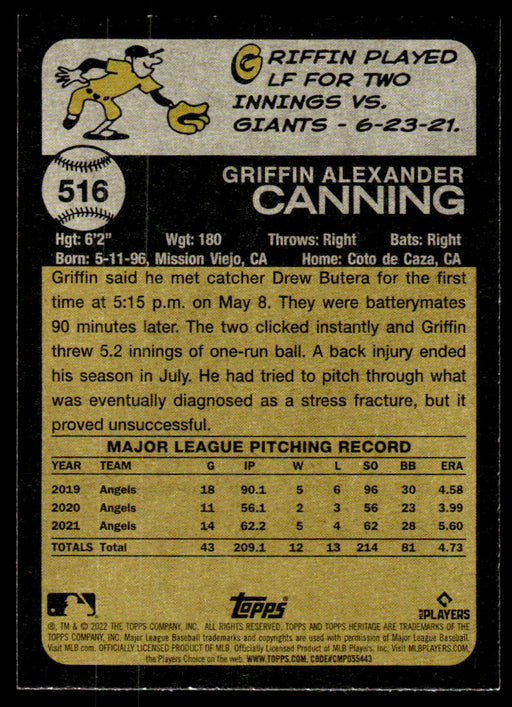 Griffin Canning 2022 Topps Heritage High Base Back of Card