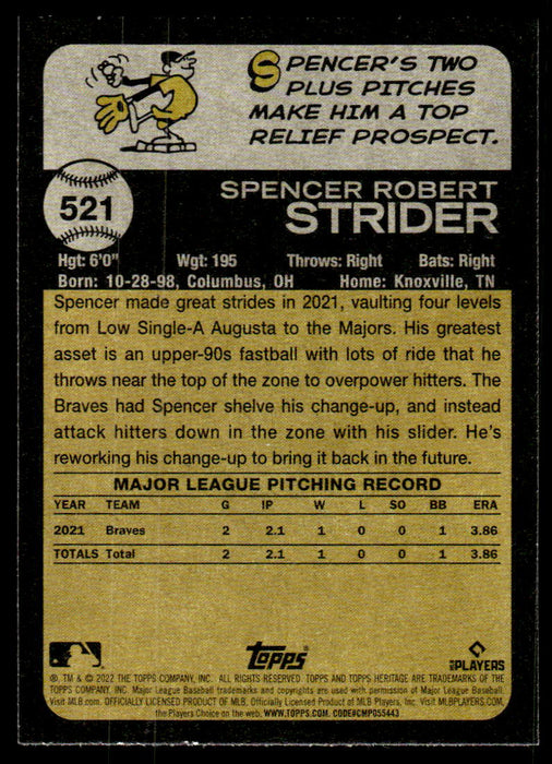 Spencer Strider 2022 Topps Heritage High Base Back of Card