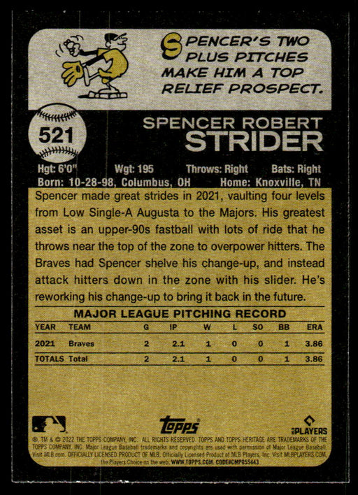 Spencer Strider 2022 Topps Heritage High Base Back of Card