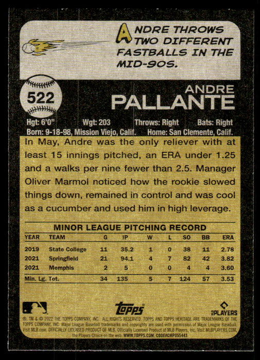 Andre Pallante 2022 Topps Heritage High Base Back of Card