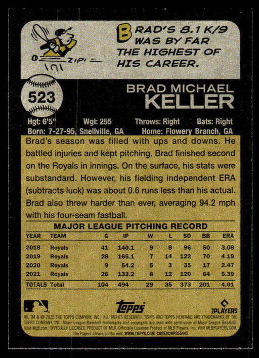 Brad Keller 2022 Topps Heritage High Base Back of Card