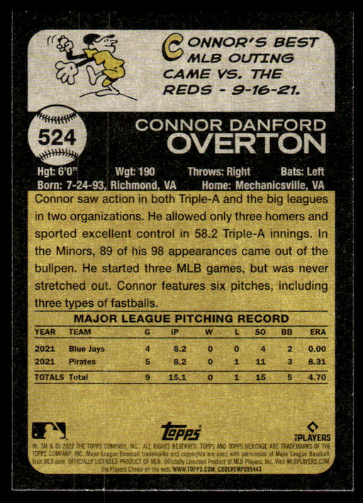 Connor Overton 2022 Topps Heritage High Base Back of Card