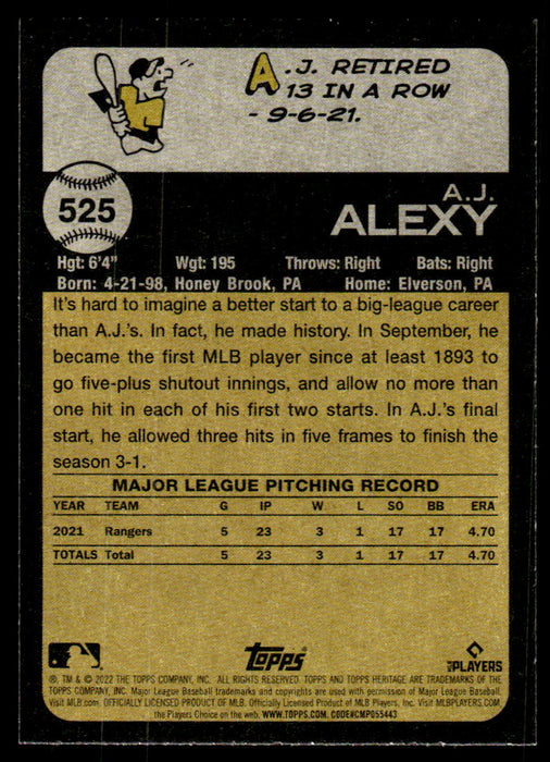A.J. Alexy 2022 Topps Heritage High Base Back of Card