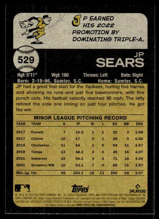 JP Sears 2022 Topps Heritage High Base Back of Card
