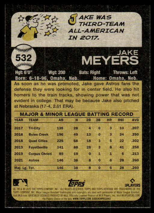 Jake Meyers 2022 Topps Heritage High Base Back of Card