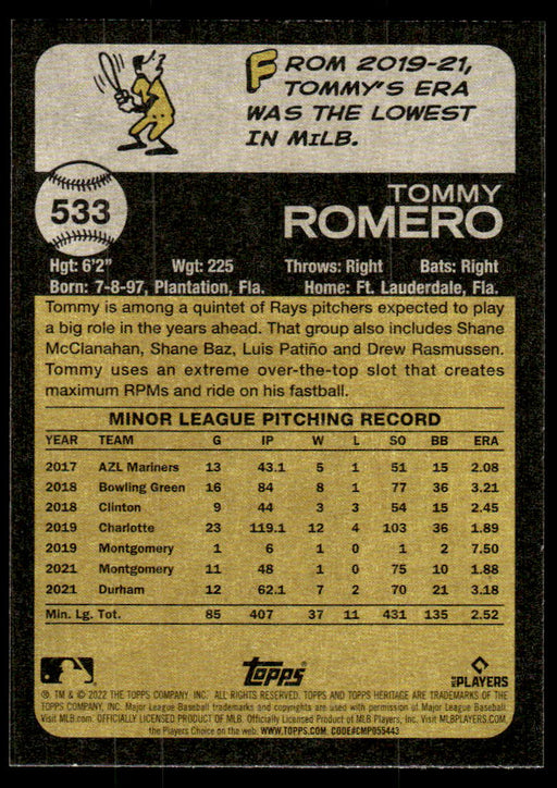 Tommy Romero 2022 Topps Heritage High Base Back of Card