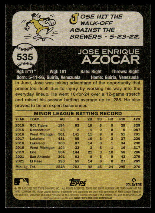 Jose Azocar 2022 Topps Heritage High Base Back of Card