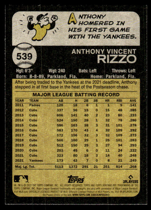 Anthony Rizzo 2022 Topps Heritage High Base Back of Card