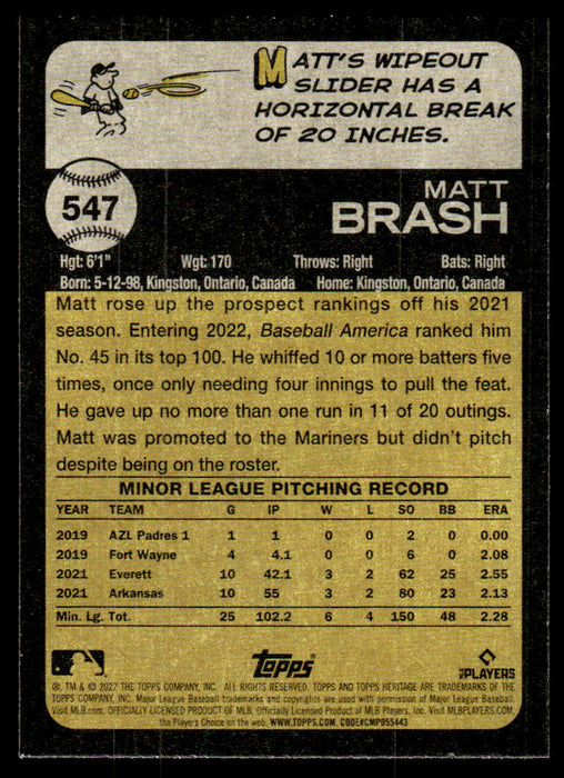 Matt Brash 2022 Topps Heritage High Base Back of Card