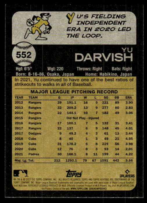 Yu Darvish 2022 Topps Heritage High Base Back of Card