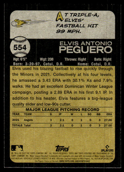 Elvis Peguero 2022 Topps Heritage High Base Back of Card