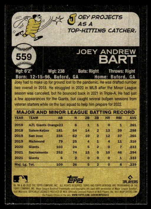 Joey Bart 2022 Topps Heritage High Base Back of Card