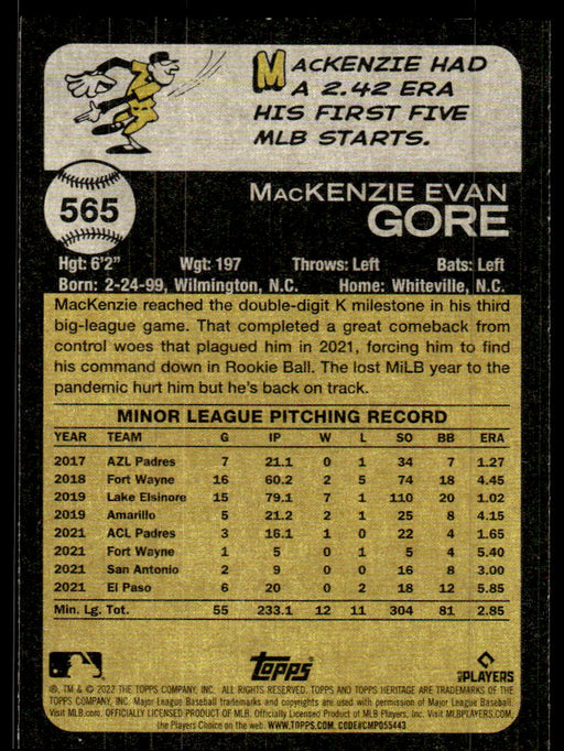 MacKenzie Gore 2022 Topps Heritage High Base Back of Card