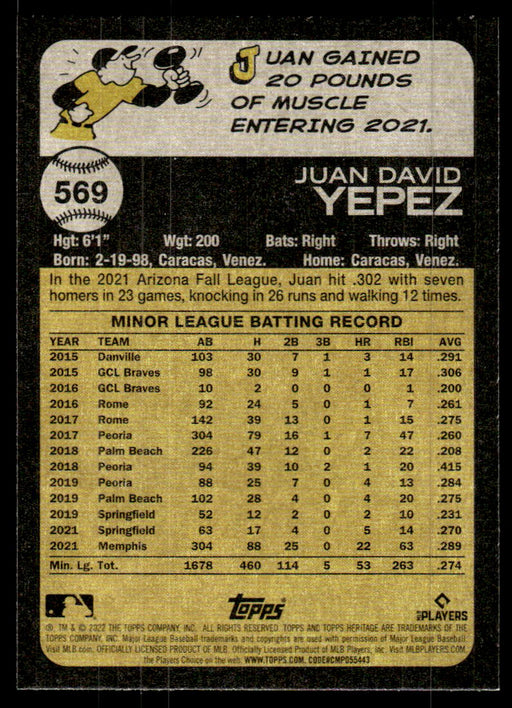 Juan Yepez 2022 Topps Heritage High Base Back of Card
