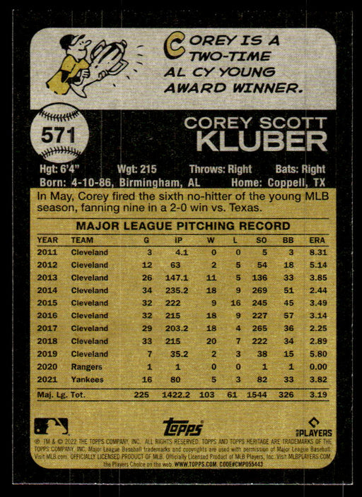 Corey Kluber 2022 Topps Heritage High Base Back of Card
