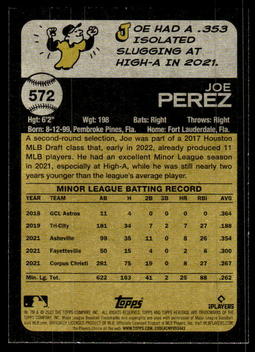 Joe Perez 2022 Topps Heritage High Base Back of Card